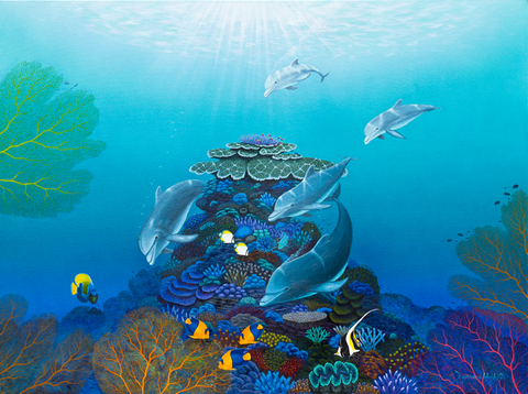 Dolphins of the Reef - Original Painting on Canvas by Darrell Hook