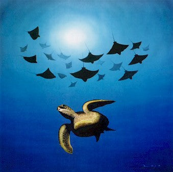 Approaching Invaders - L/E Print of Green Turtle and Eagle Rays 