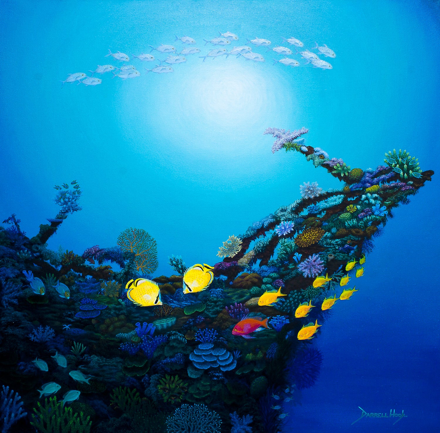 An Acrylic painting of an old shipwreck on the Reef